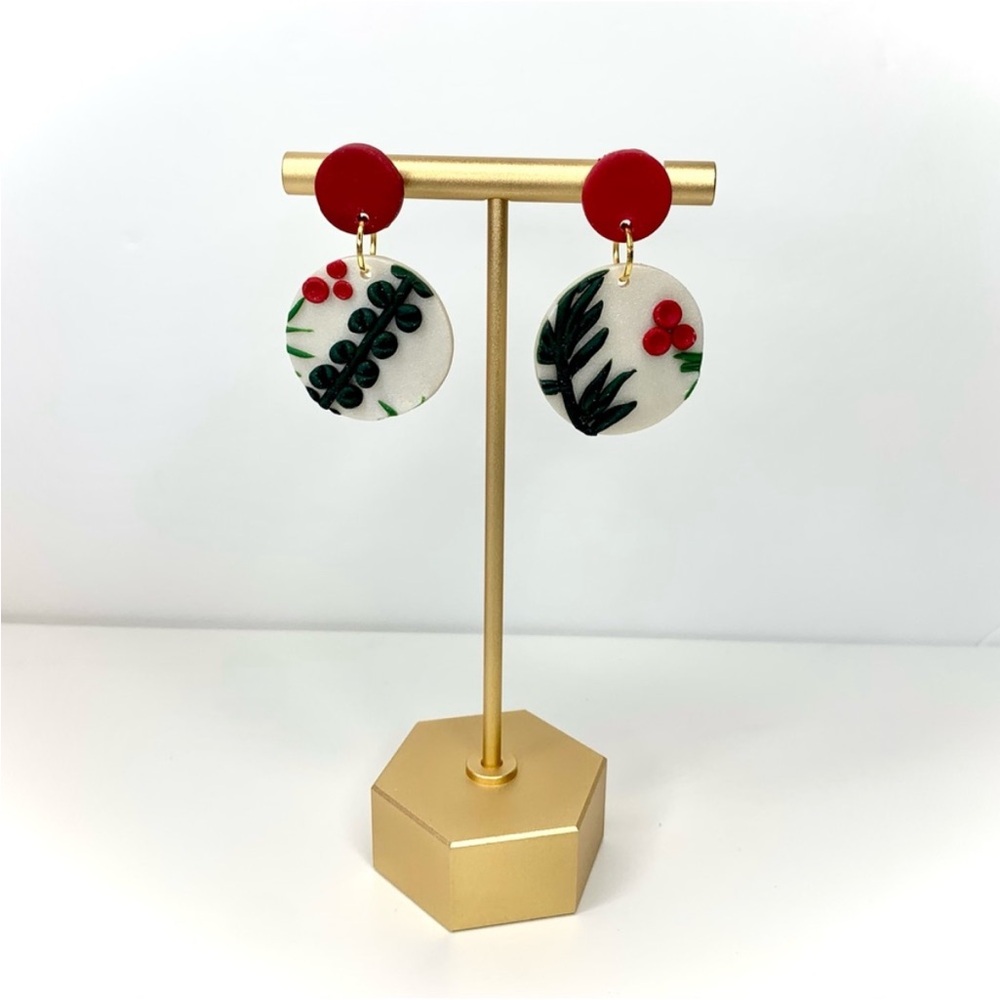 Handmade polymer earrings red green white Christmas Mistletoe holiday party